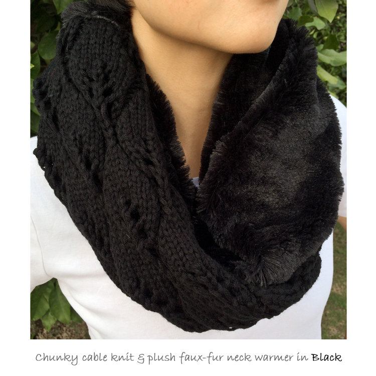 CHUNKY Cable Knit & Plush Faux-Fur Neck Warmer - Wine