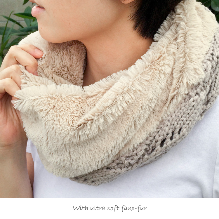 CHUNKY Cable Knit & Plush Faux-Fur Neck Warmer - Beige