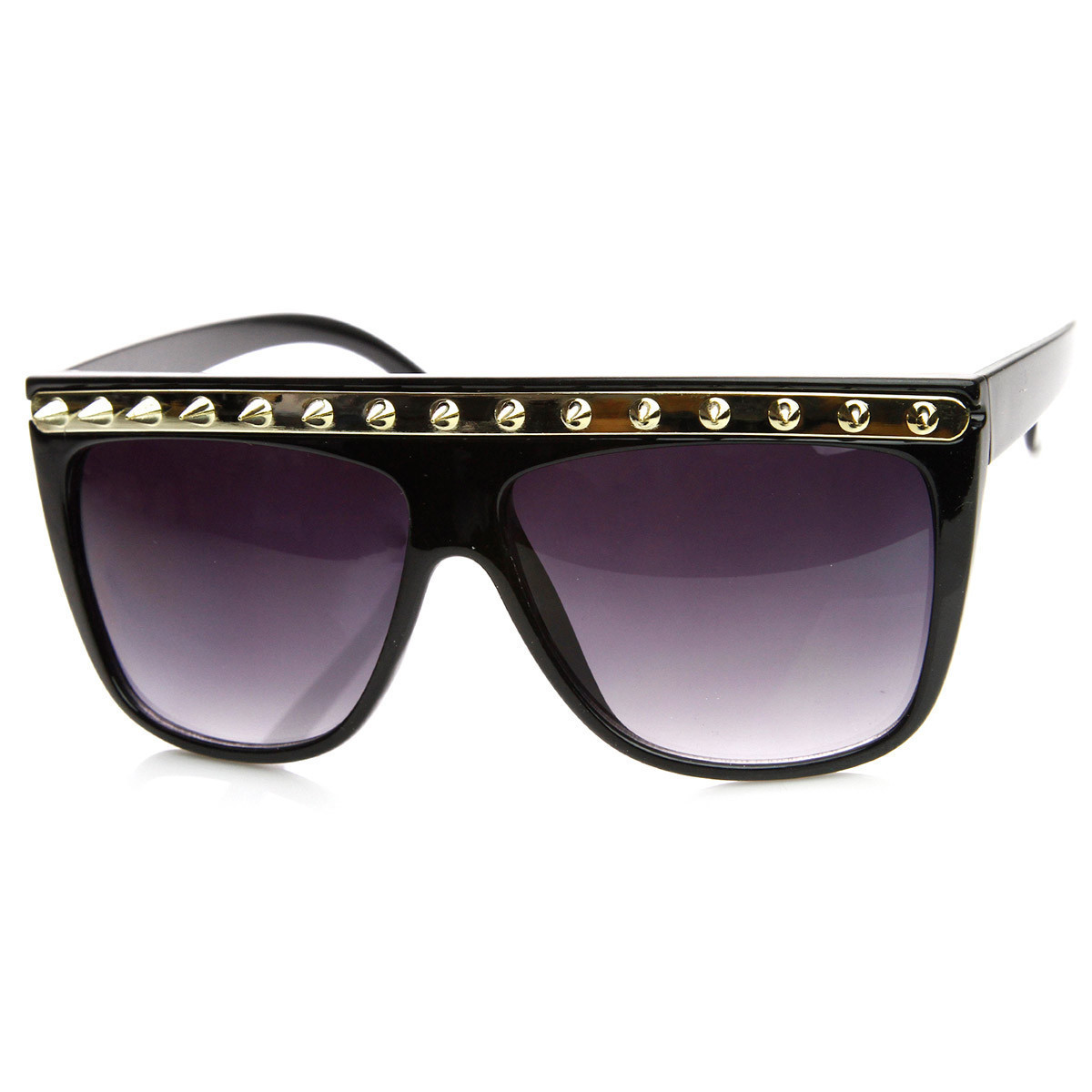 Spiked Fashion Metal Accent Flat Top Horned Rim Sunglasses - 8931 - Tortoise-Gold