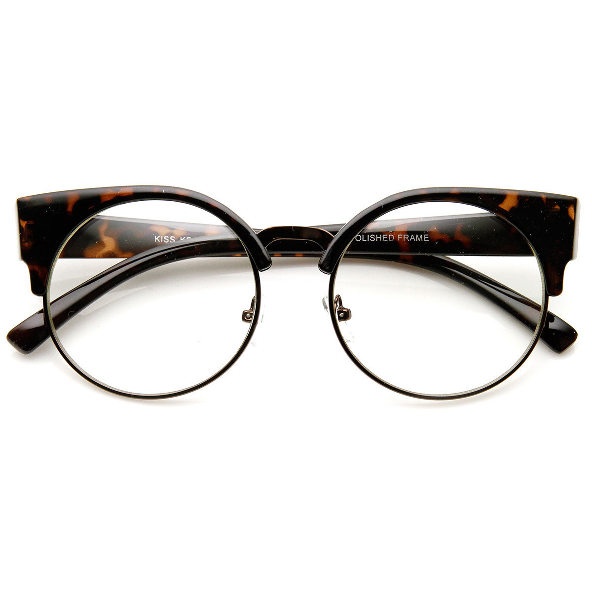 Womens Half Frame Semi-Rimless Clear Lens Cat Eye Round Glasses - 9351 - Tortoise-Gold