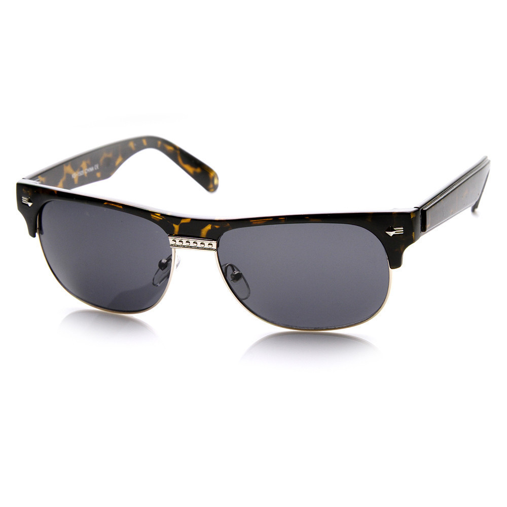 Classic Oval Half Frame Horned Rim Horned Rim Sunglasses - 8761 - Black