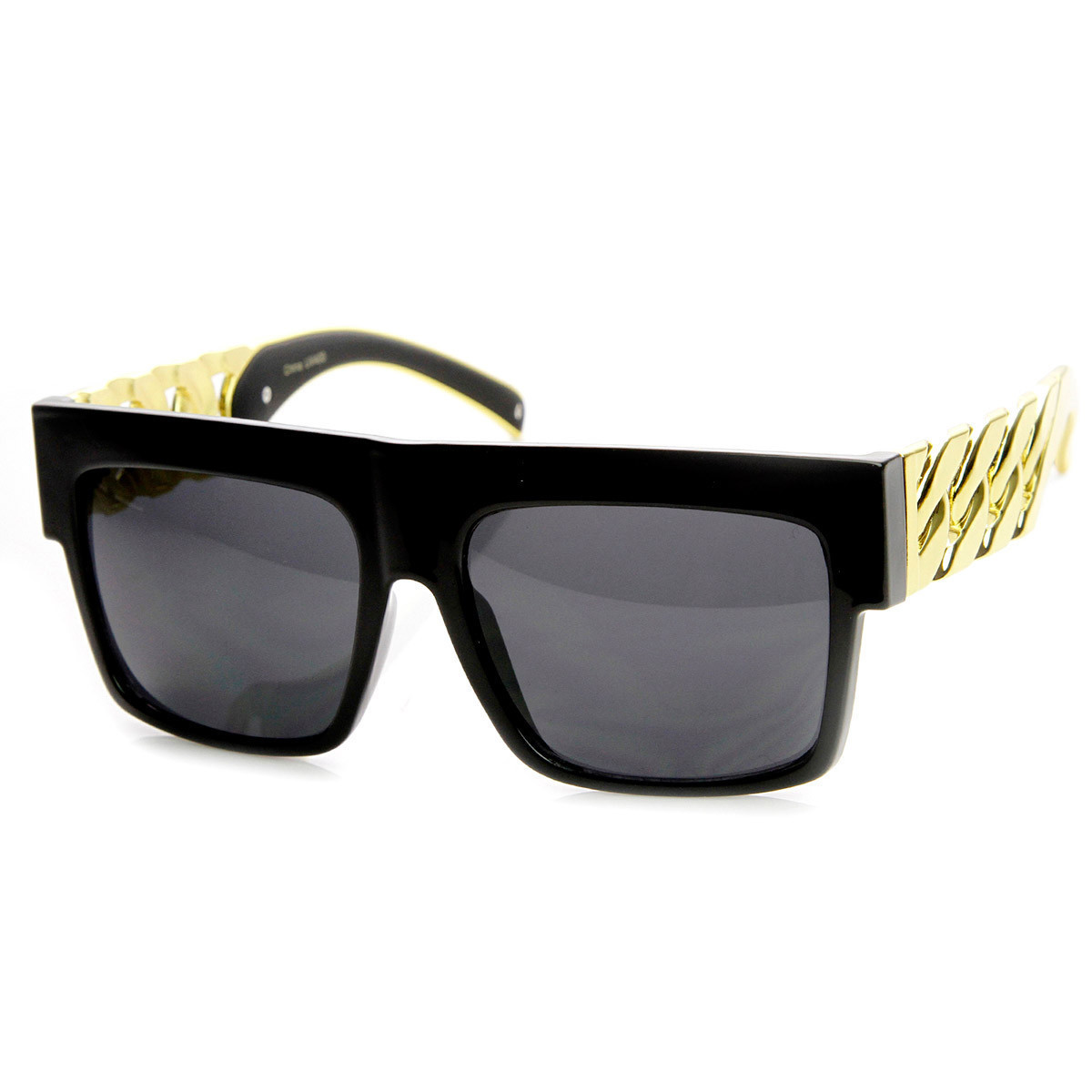 High Fashion Metal Chain Arm Flat Top Aviator Sunglasses - 9126 - Shiny Black Gold