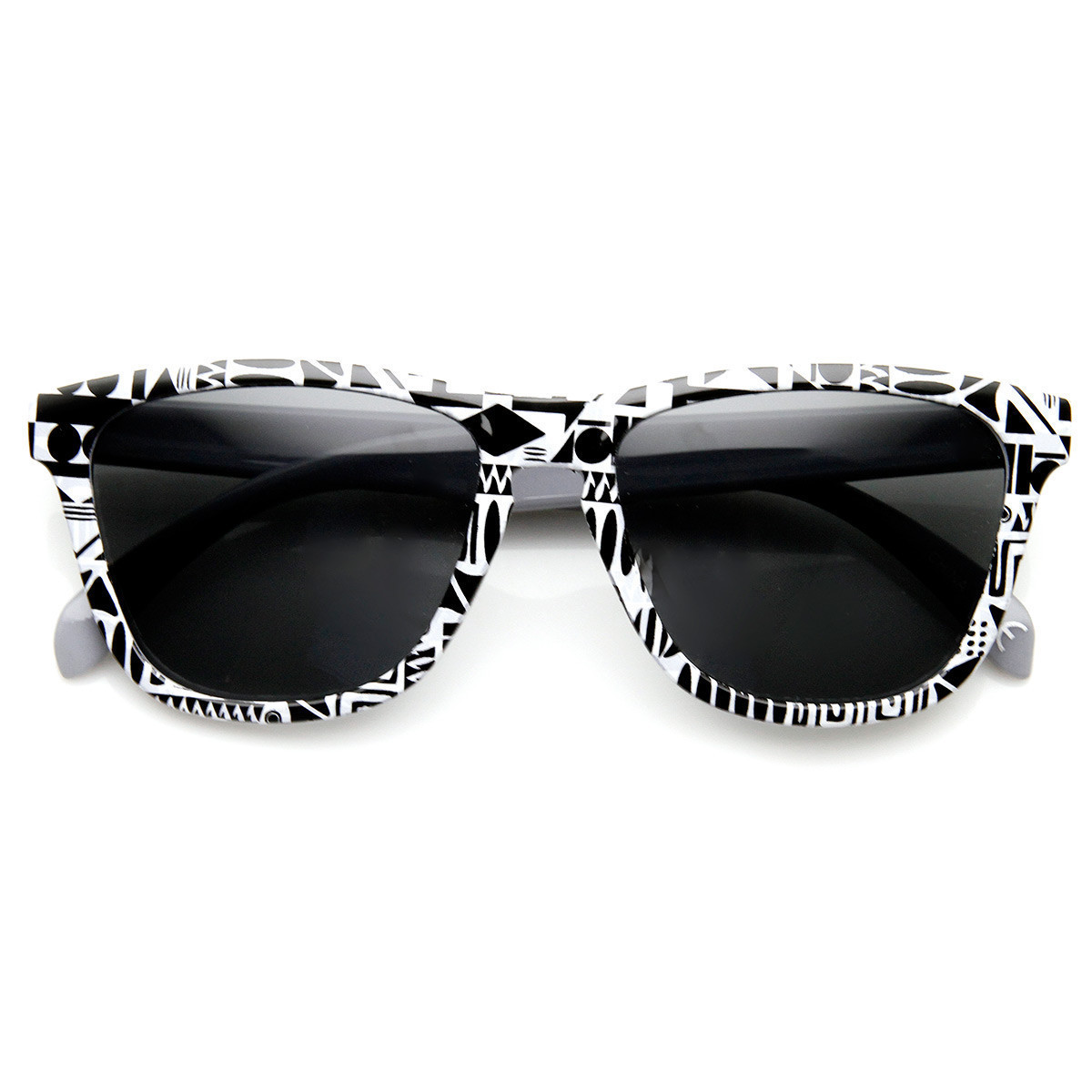 Native Print Geometric Shapes Keyhole Bridge Horned Rim Sunglasses - 9377 - Black-White-Native