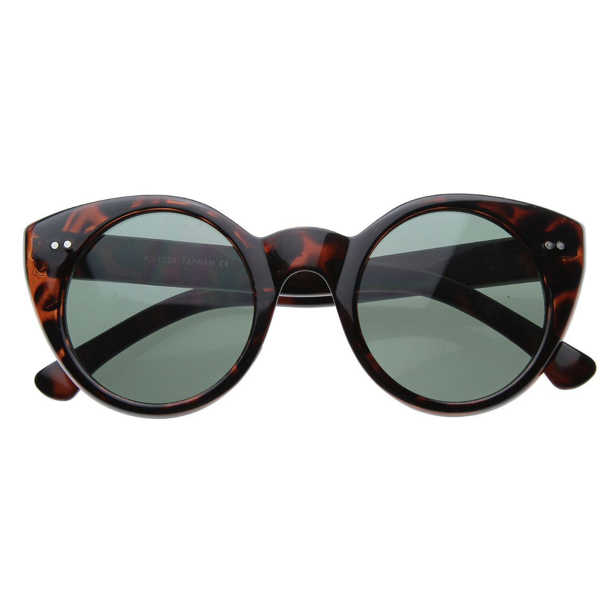 Modern Cateyes Vintage Inspired Circle Cat Eye Round Sunglasses W/ Metal Rivets - 8297 - Black