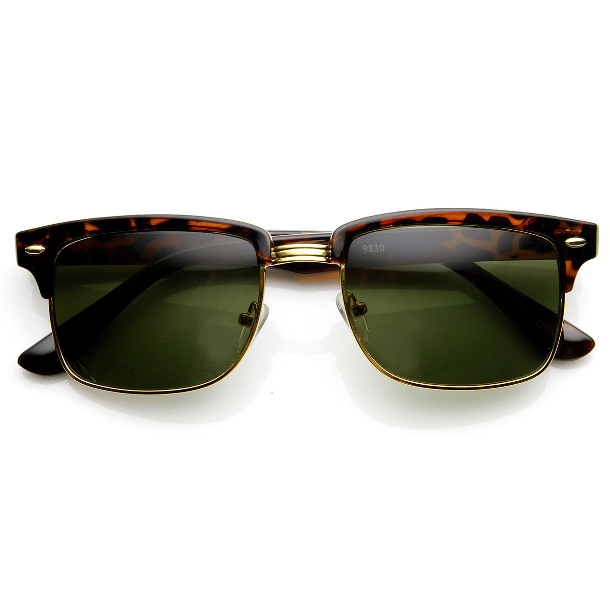 Modified Classic Square Half Frame Horned Rim Sunglasses - 9181 - Tortoise-Gold Amber