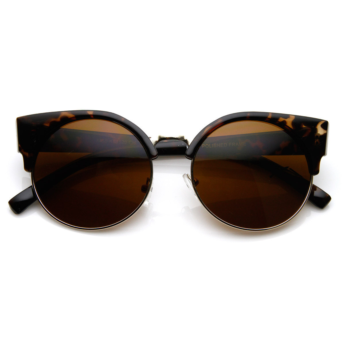 Round Circle Half Frame Semi-Rimless Cateye Sunglasses - 8785 - Black-Gold