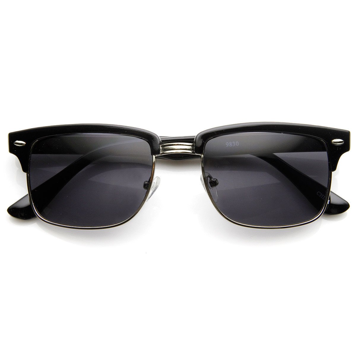 Modified Classic Square Half Frame Horned Rim Sunglasses - 9181 - Black-Silver Smoke