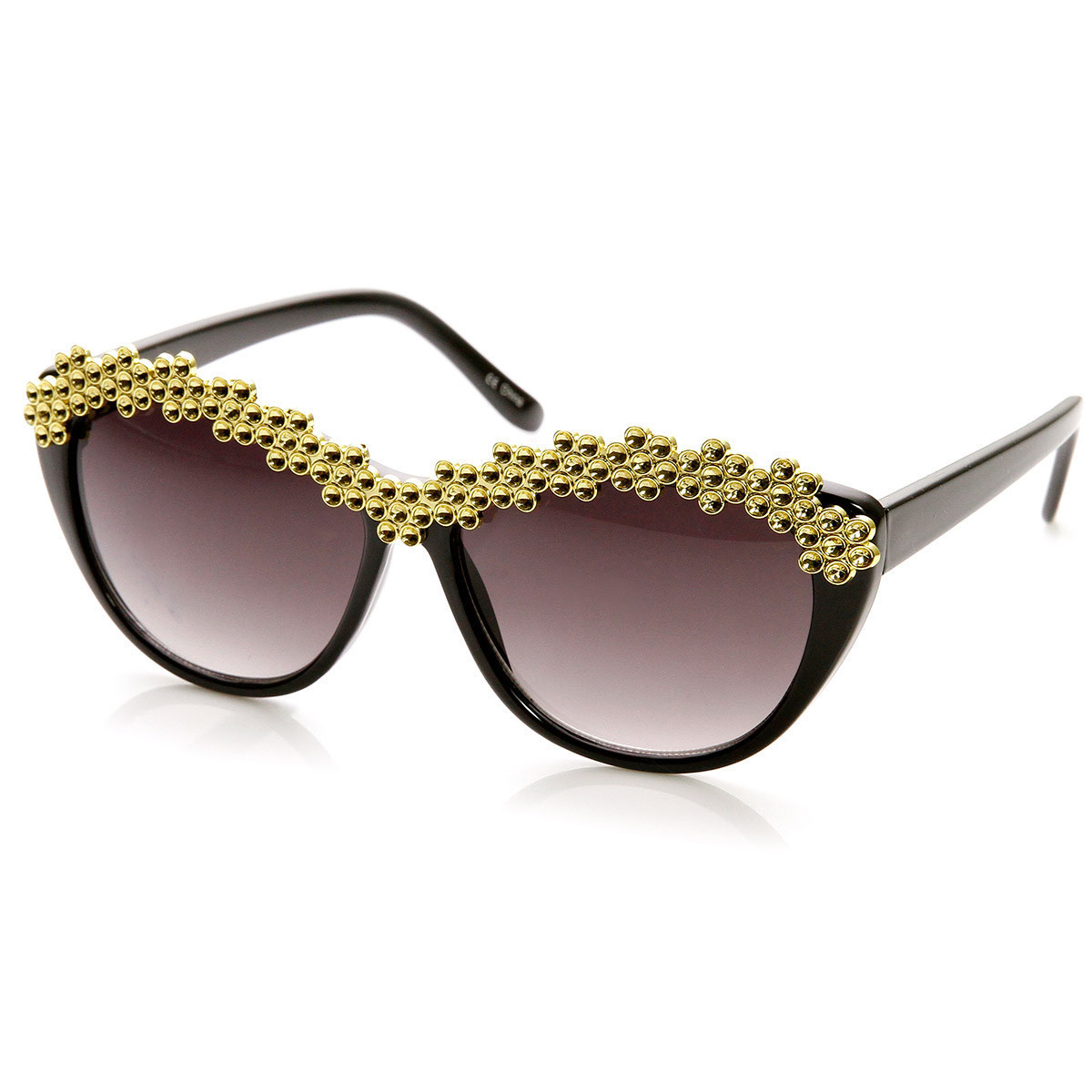 Womens Glam Fashion Rhinestone Studded Cat Eye Sunglasses - 9279 - Black-Gold