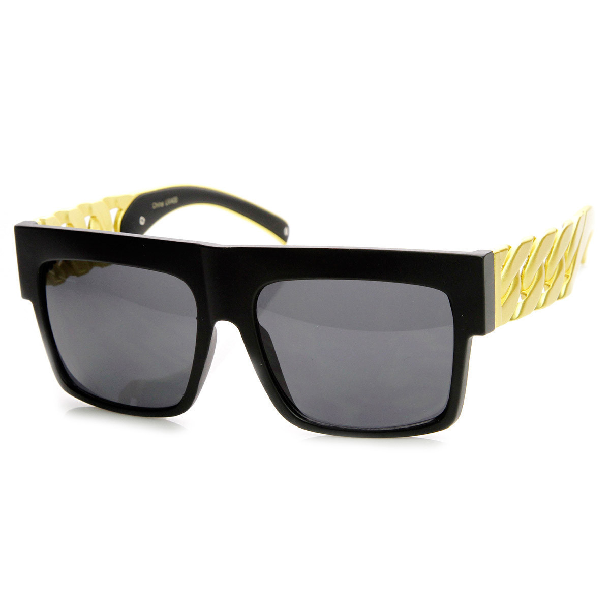 High Fashion Metal Chain Arm Flat Top Aviator Sunglasses - 9126 - Matte Black Gold