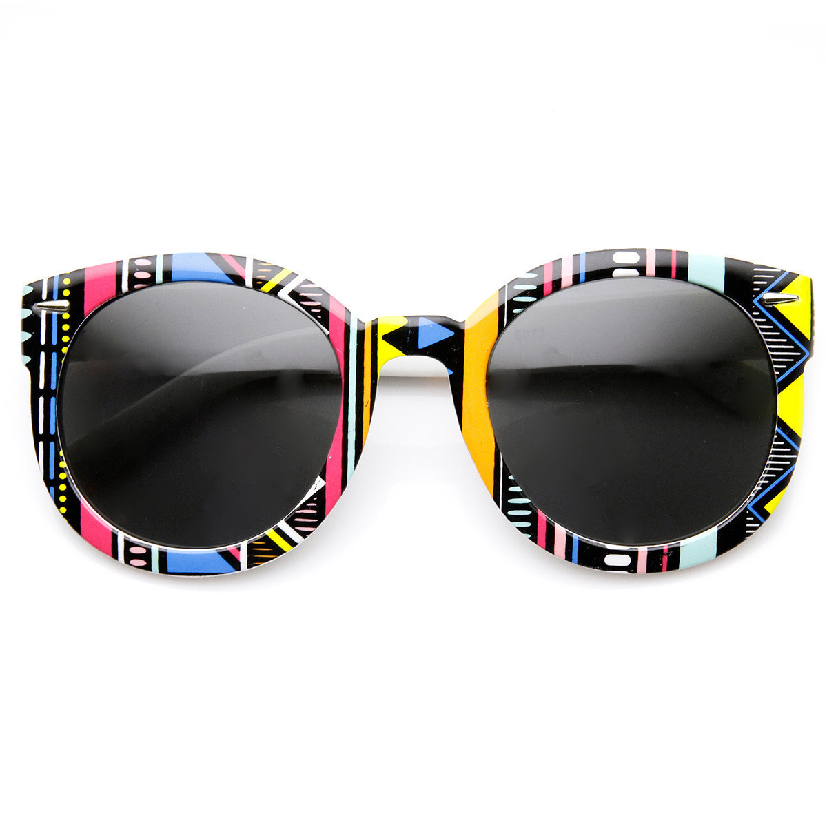 Womens Oversized Native Print Fashion Round Sunglasses - 9379 - Black-White-Pixels