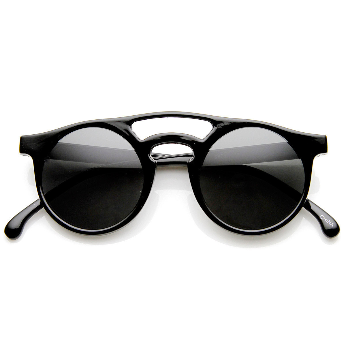 Retro P3 Bold Rim Double Bridge Keyhole Round Sunglasses - 9117 - Shiny-Black