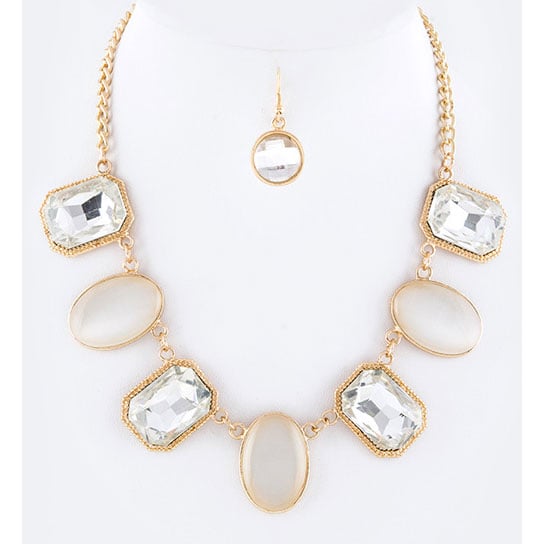 Crystal With Gem Jeweled Statement Necklace Set - Clear