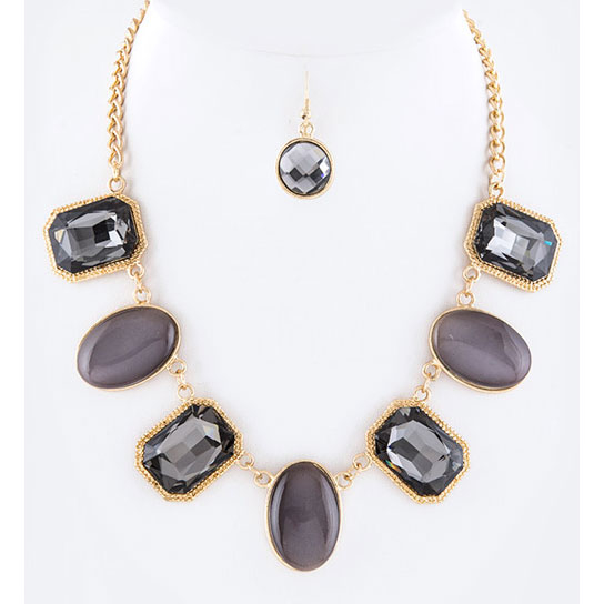Crystal With Gem Jeweled Statement Necklace Set - Black Diamond