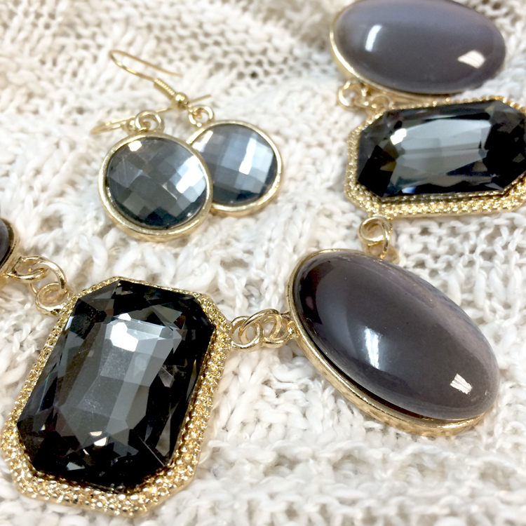 Crystal With Gem Jeweled Statement Necklace Set - Black Diamond