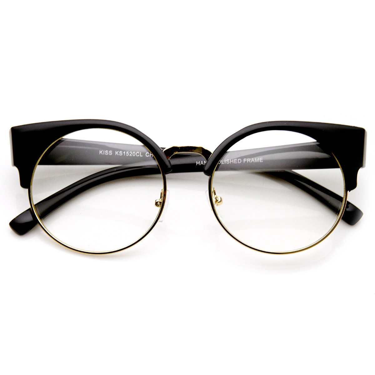 Womens Half Frame Semi-Rimless Clear Lens Cat Eye Round Glasses - 9351 - Black-Gold