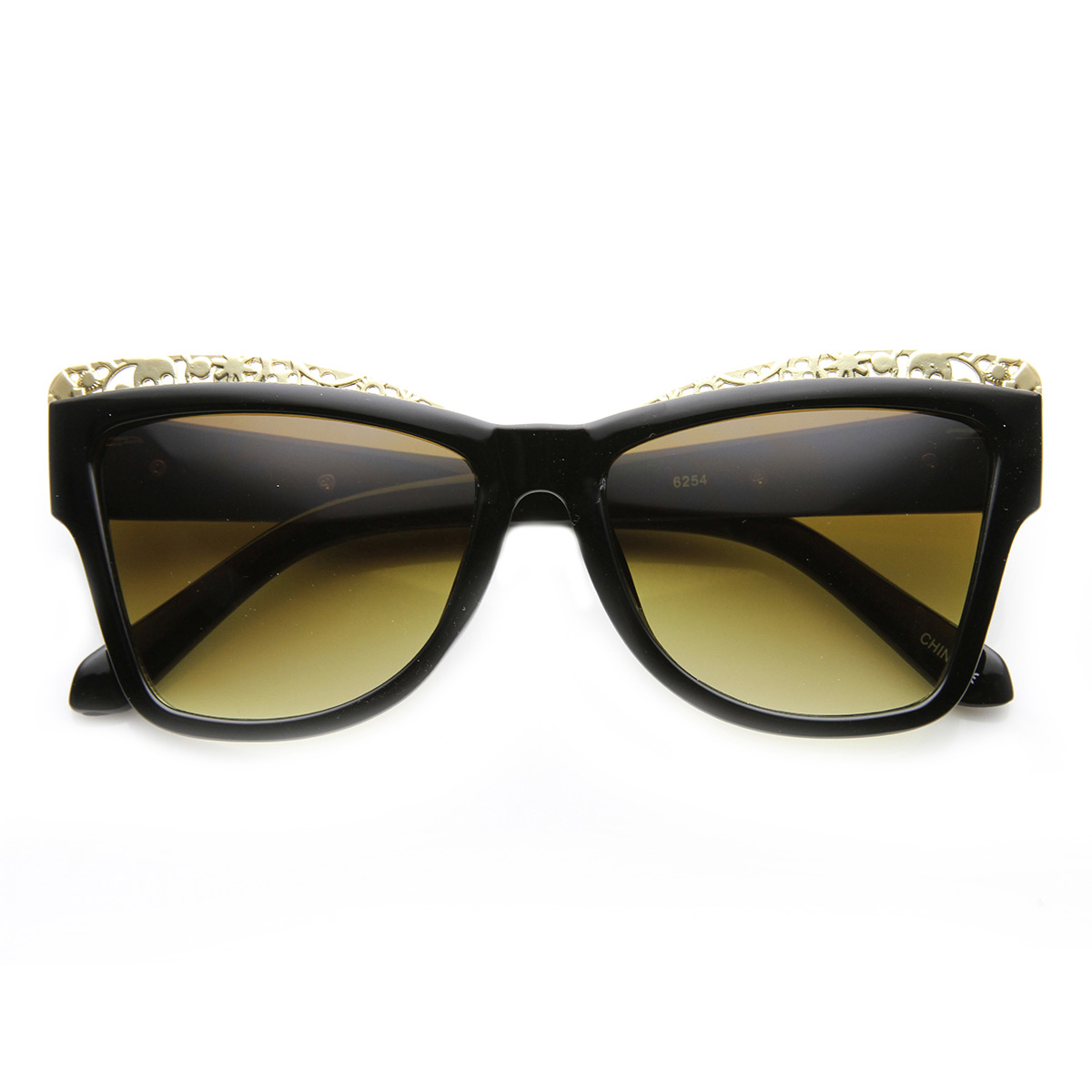 High Fashion Chic Metal Cut-Out Artwork Women's Cat Eye Sunglasses 9603 - Black-Gold Amber