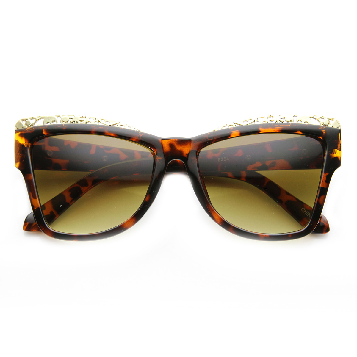High Fashion Chic Metal Cut-Out Artwork Women's Cat Eye Sunglasses 9603 - Tortoise-Gold Amber