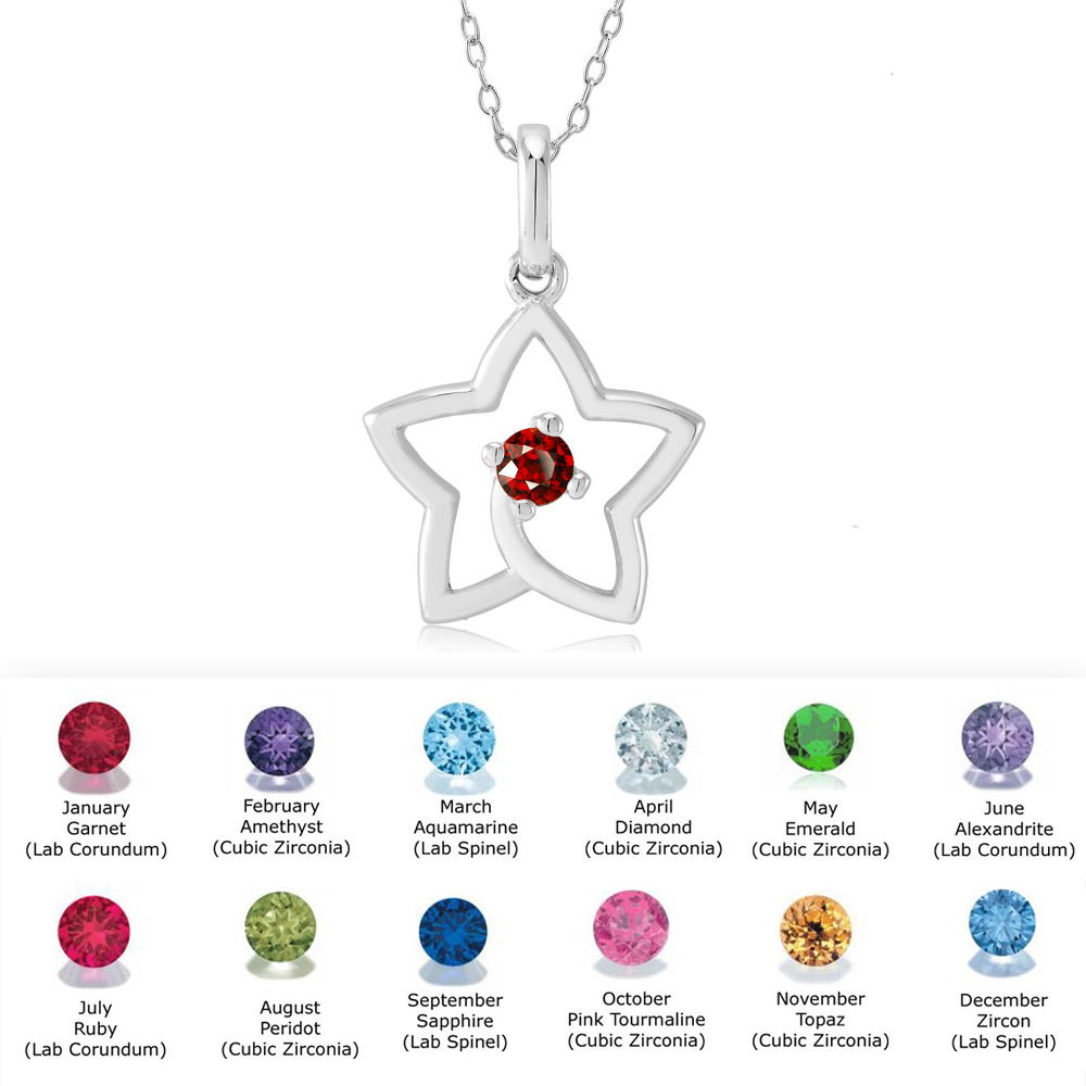 Sterling Silver January/Garnet CZ Star Birthstone Necklace - July/Ruby