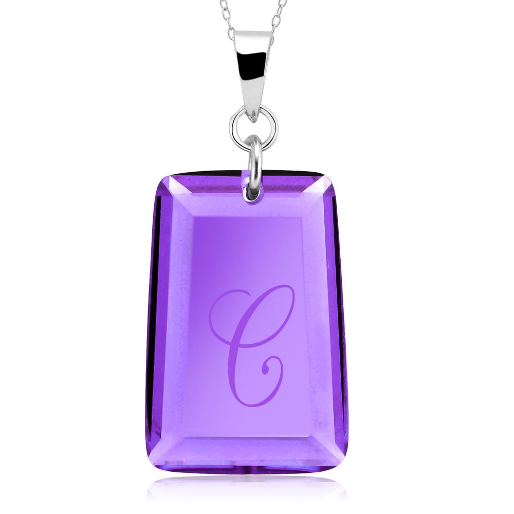 Sterling Silver February/Amethyst CZ Laser Engraved Initial 'A' Birthstone Necklace - Letter T