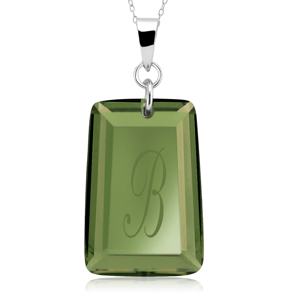Sterling Silver August/Peridot CZ Laser Engraved Initial 'A' Birthstone Necklace - Letter E