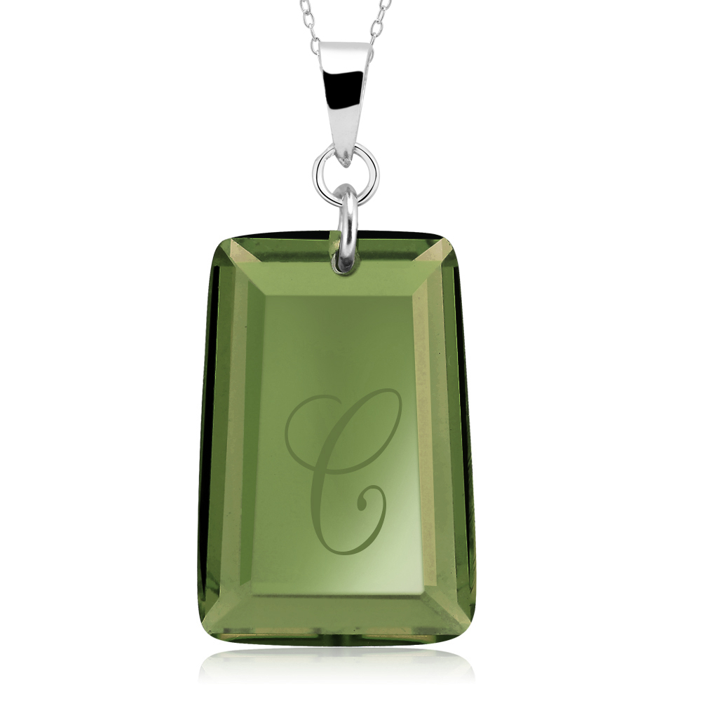 Sterling Silver August/Peridot CZ Laser Engraved Initial 'A' Birthstone Necklace - Letter G