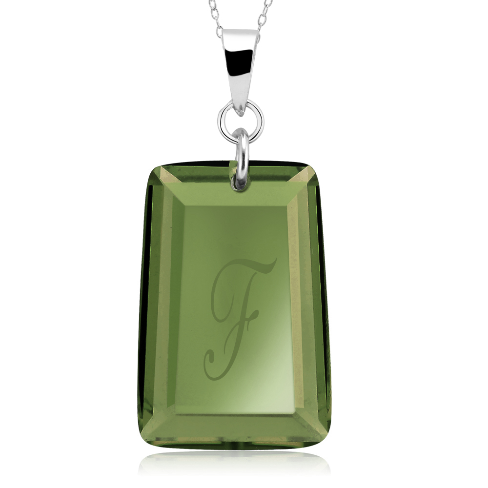 Sterling Silver August/Peridot CZ Laser Engraved Initial 'A' Birthstone Necklace - Letter F