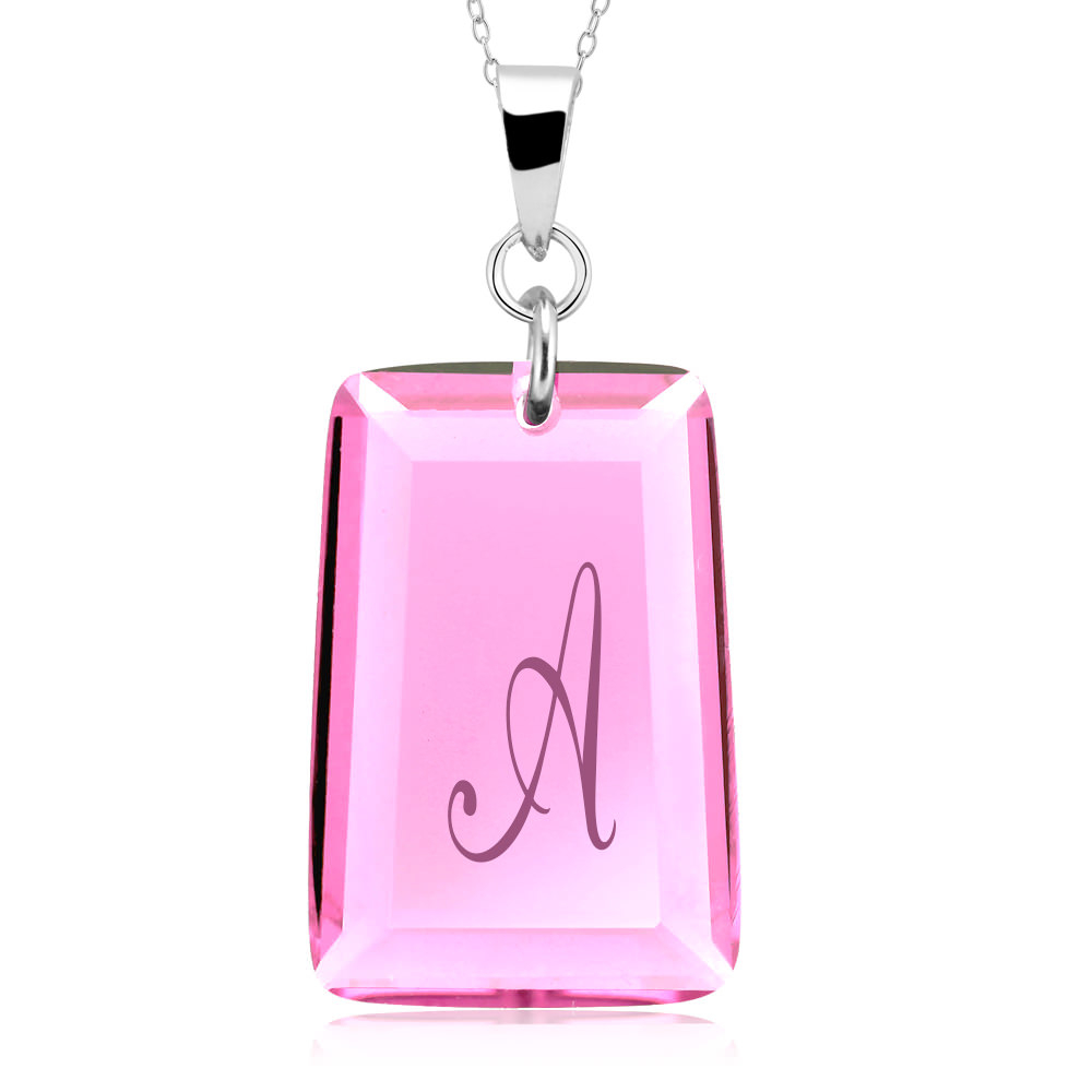 Sterling Silver October/Pink Tourmaline CZ Laser Engraved Initial 'A' Birthstone Necklace - Letter A