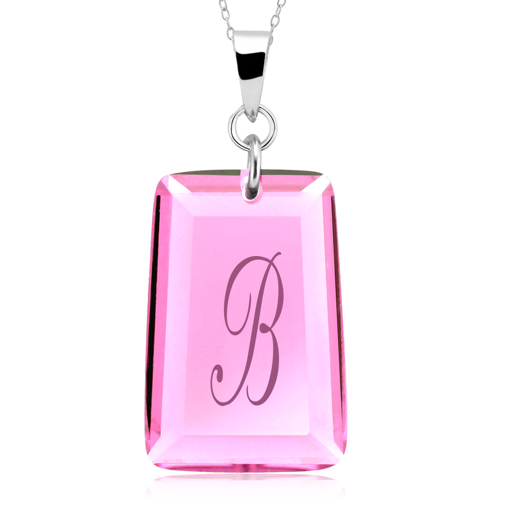 Sterling Silver October/Pink Tourmaline CZ Laser Engraved Initial 'A' Birthstone Necklace - Letter E
