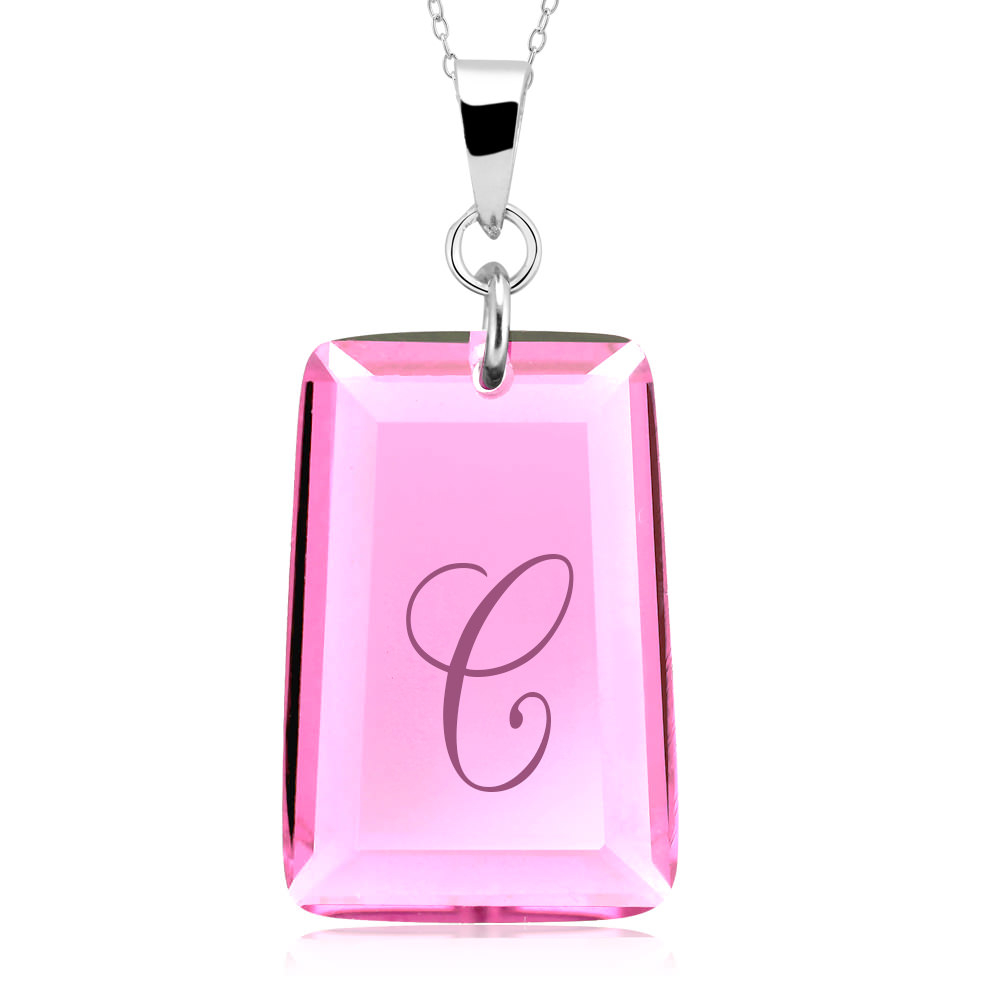 Sterling Silver October/Pink Tourmaline CZ Laser Engraved Initial 'A' Birthstone Necklace - Letter K