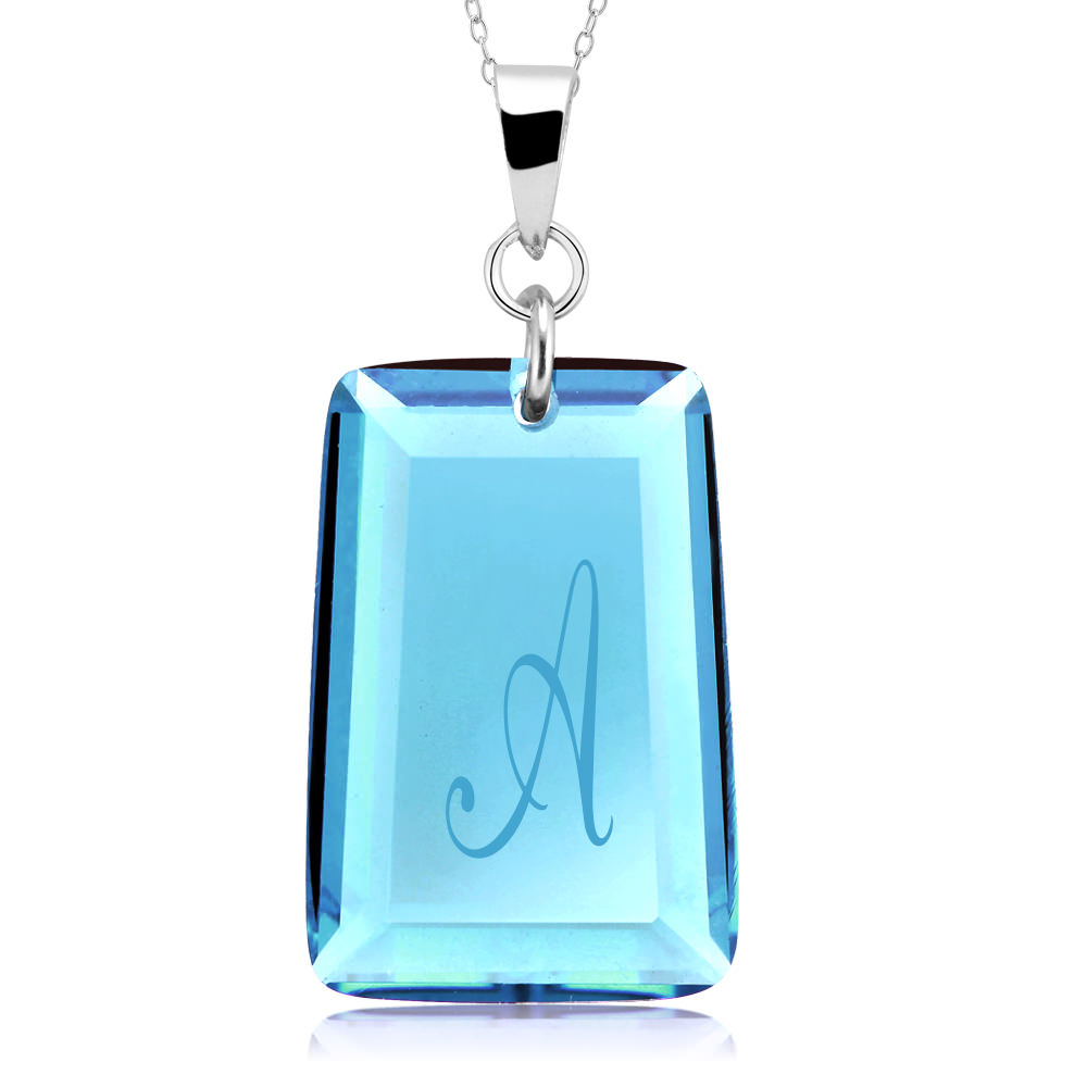 Sterling Silver December/Blue Topaz CZ Laser Engraved Initial 'A' Birthstone Necklace - Letter V
