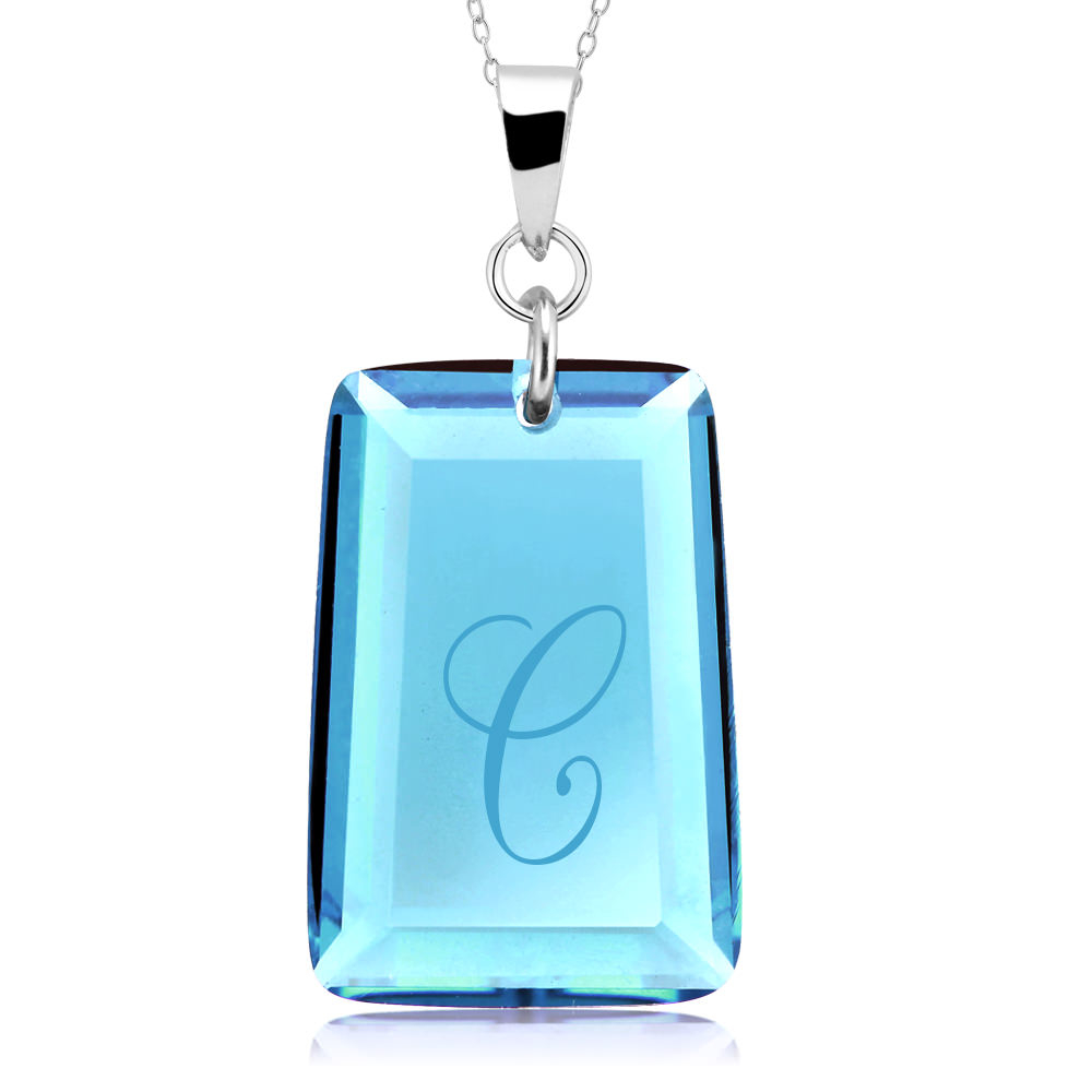 Sterling Silver December/Blue Topaz CZ Laser Engraved Initial 'A' Birthstone Necklace - Letter W