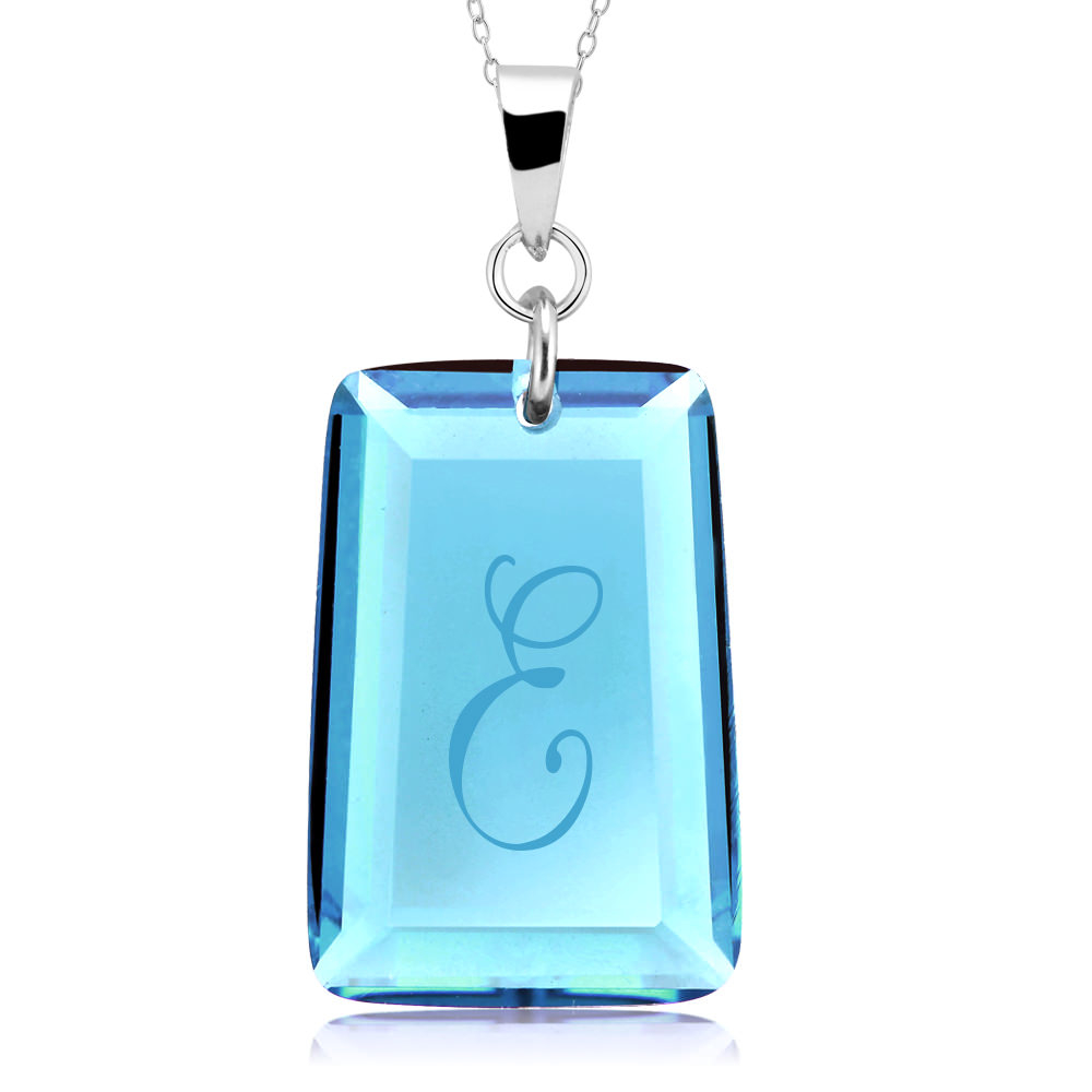 Sterling Silver December/Blue Topaz CZ Laser Engraved Initial 'A' Birthstone Necklace - Letter E