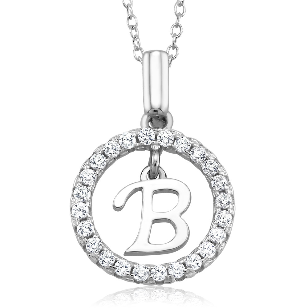 Sterling Silver CZ Open Circle With Initial 'A' Necklace - Letter B