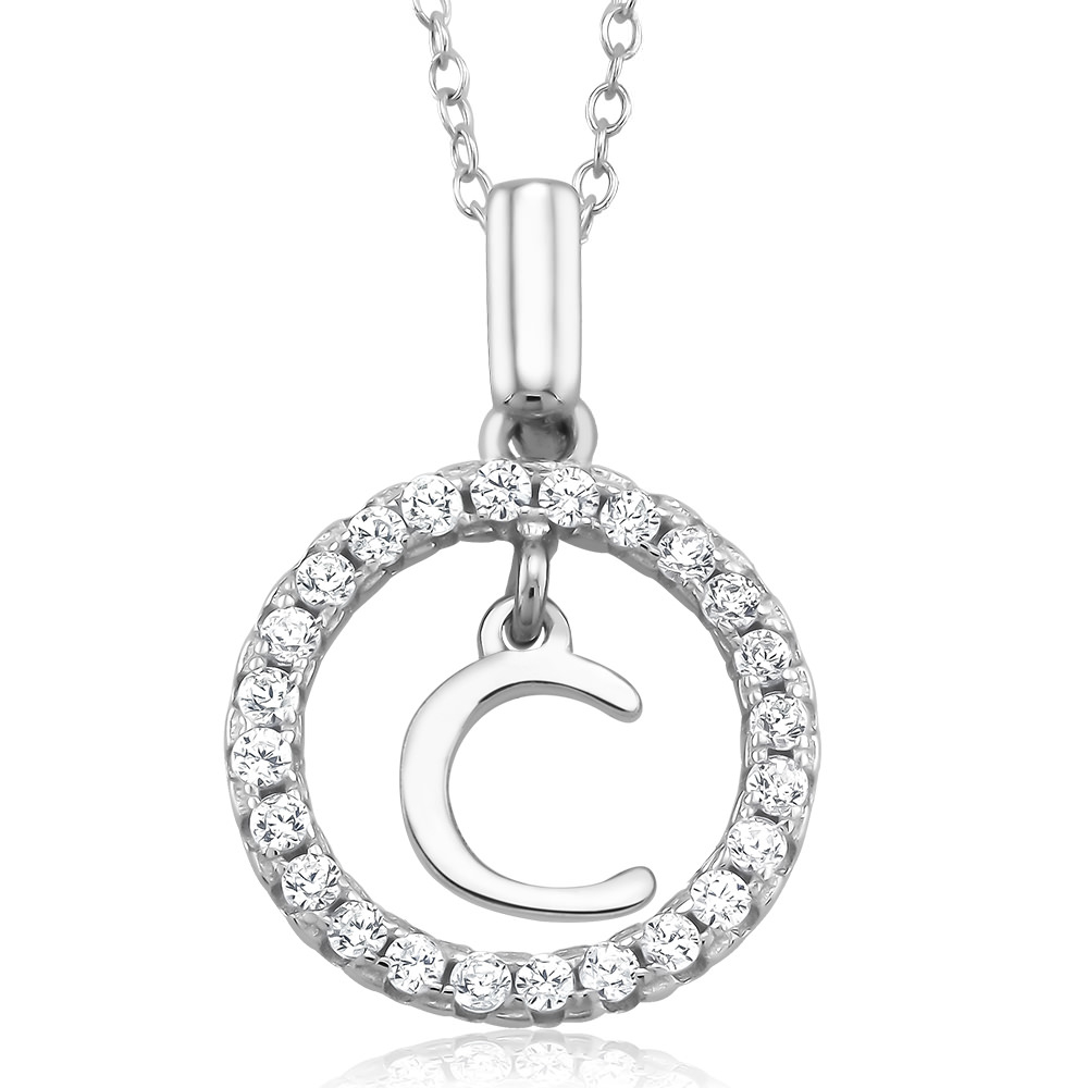 Sterling Silver CZ Open Circle With Initial 'A' Necklace - Letter C