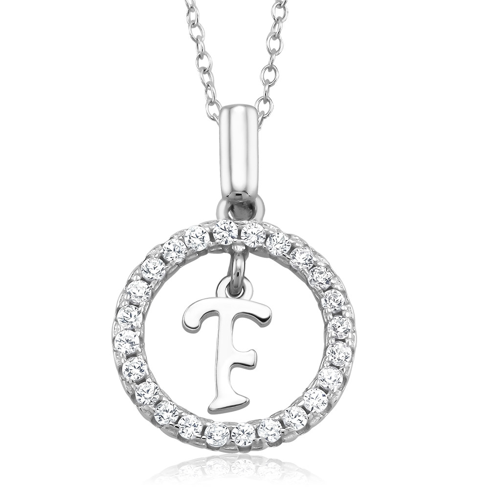 Sterling Silver CZ Open Circle With Initial 'A' Necklace - Letter F