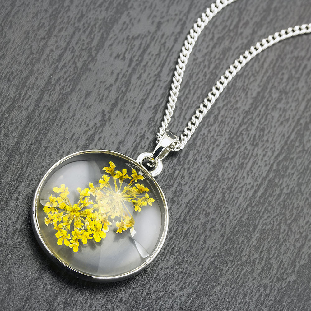 Rhodium Plated Round Glass With Genuine Yellow Forget-Me-Not Flowers Necklace - Yellow
