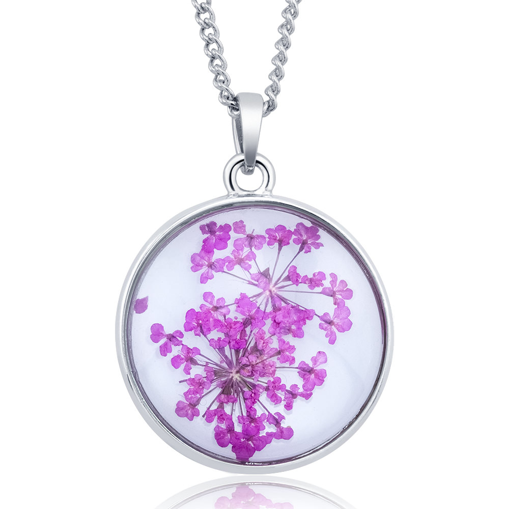 Rhodium Plated Round Glass With Genuine Yellow Forget-Me-Not Flowers Necklace - Blue
