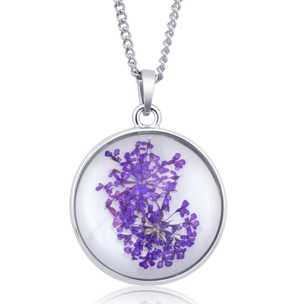 Rhodium Plated Round Glass With Genuine Yellow Forget-Me-Not Flowers Necklace - Purple