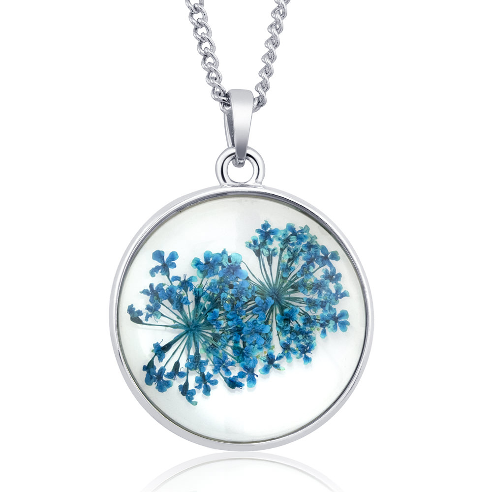 Rhodium Plated Round Glass With Genuine Yellow Forget-Me-Not Flowers Necklace - Blue