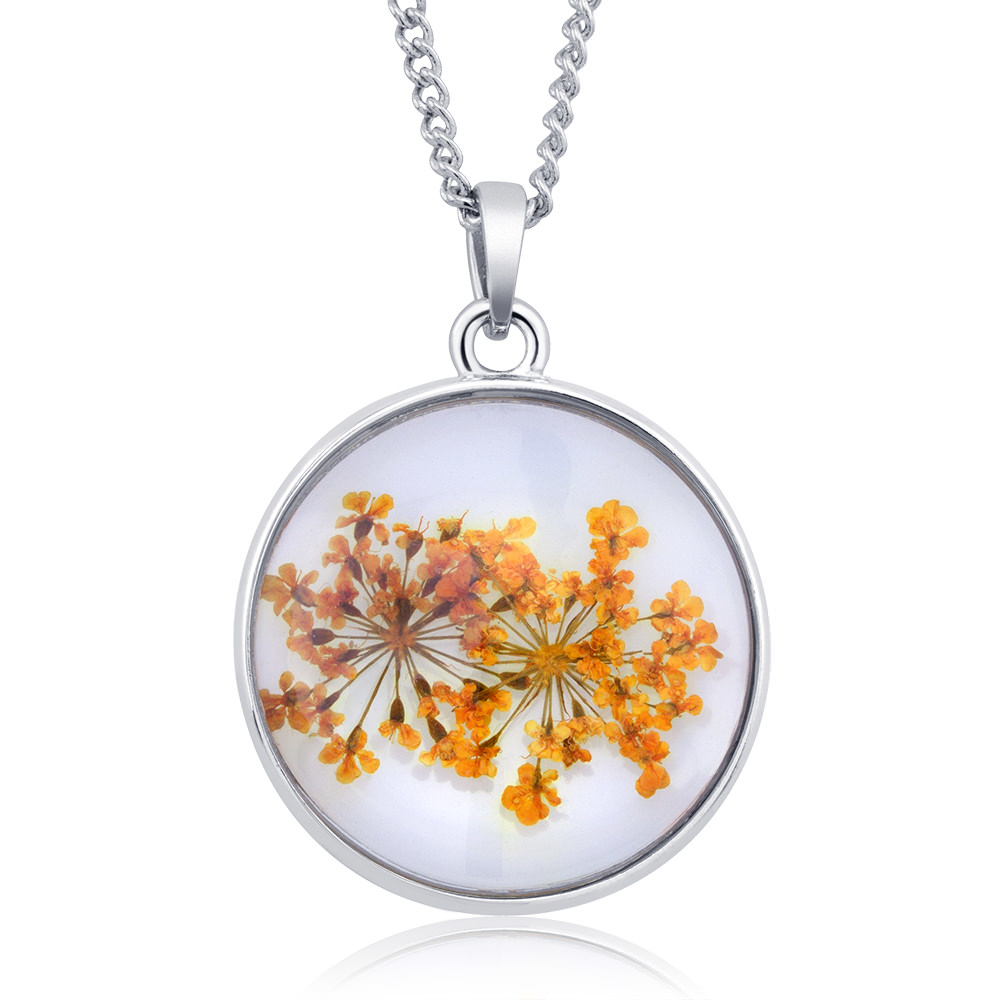 Rhodium Plated Round Glass With Genuine Yellow Forget-Me-Not Flowers Necklace - Orange