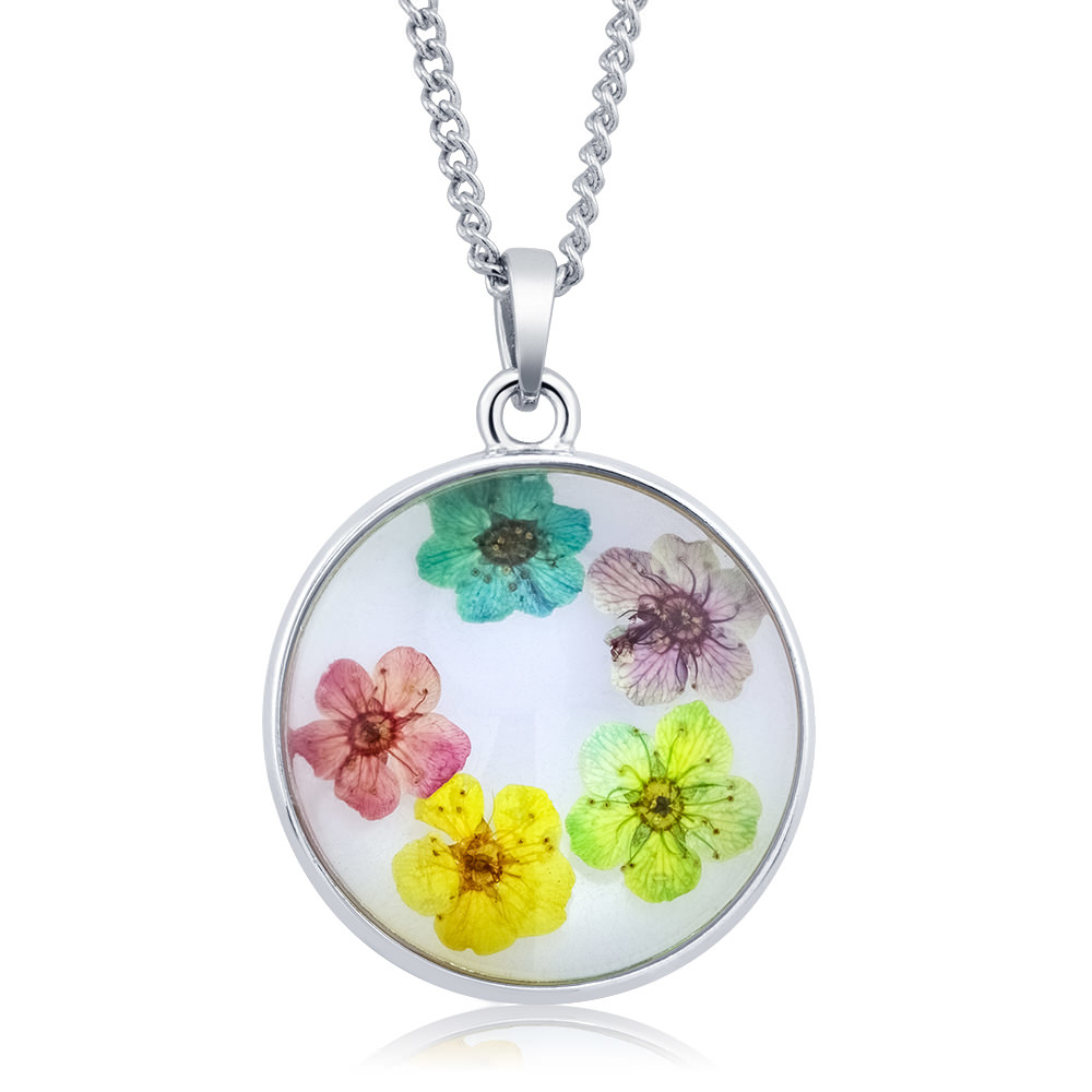 Rhodium Plated Round Glass With Genuine Multi-Colored Stunning Flowers Necklace - Multi-colored