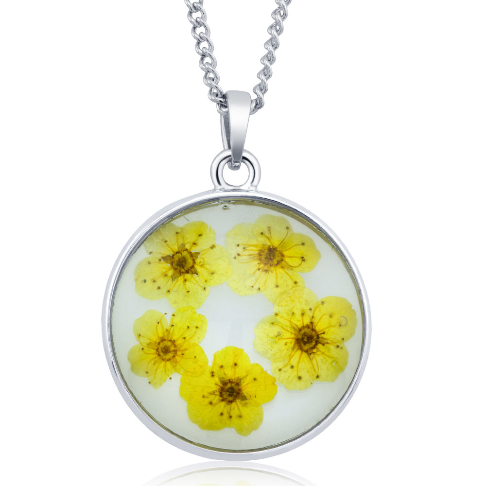 Rhodium Plated Round Glass With Genuine Multi-Colored Stunning Flowers Necklace - Lavender