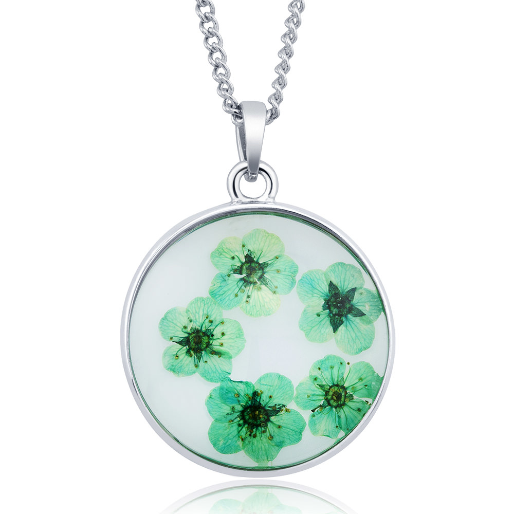 Rhodium Plated Round Glass With Genuine Multi-Colored Stunning Flowers Necklace - Multi-colored