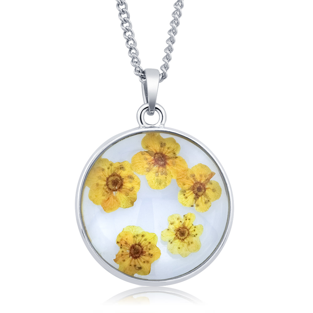 Rhodium Plated Round Glass With Genuine Multi-Colored Stunning Flowers Necklace - White