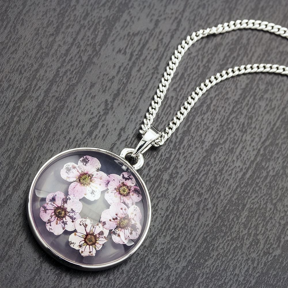 Rhodium Plated Round Glass With Genuine Multi-Colored Stunning Flowers Necklace - Lavender
