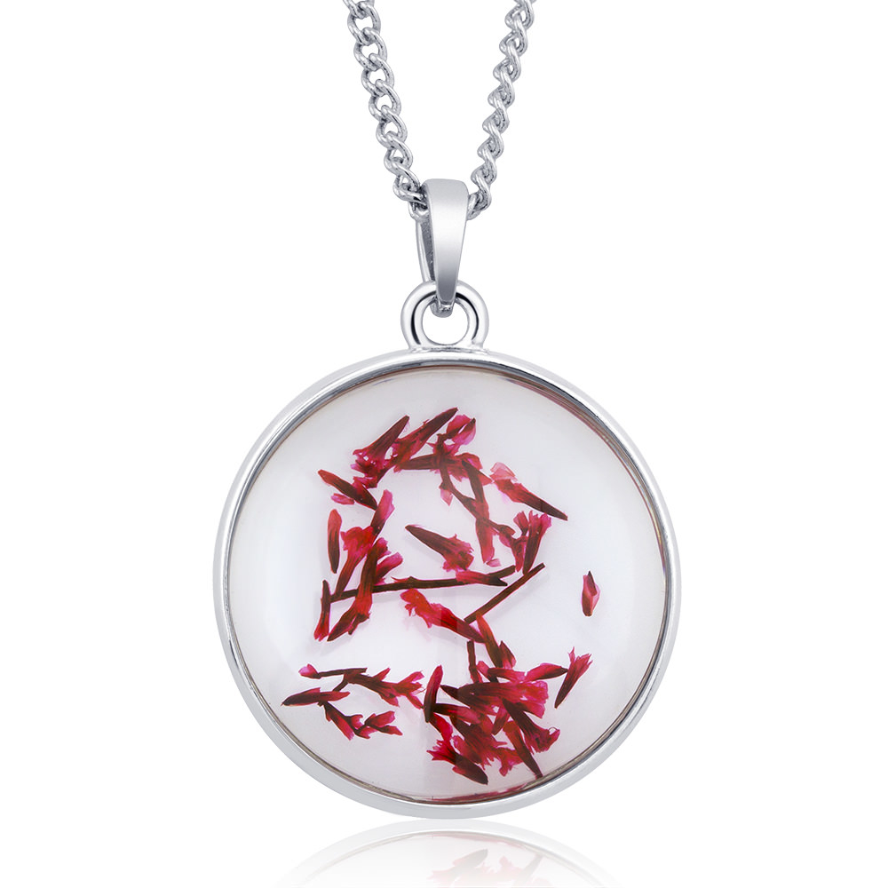 Rhodium Plated Round Glass With Genuine Red Dandelion Flowers Necklace - Red