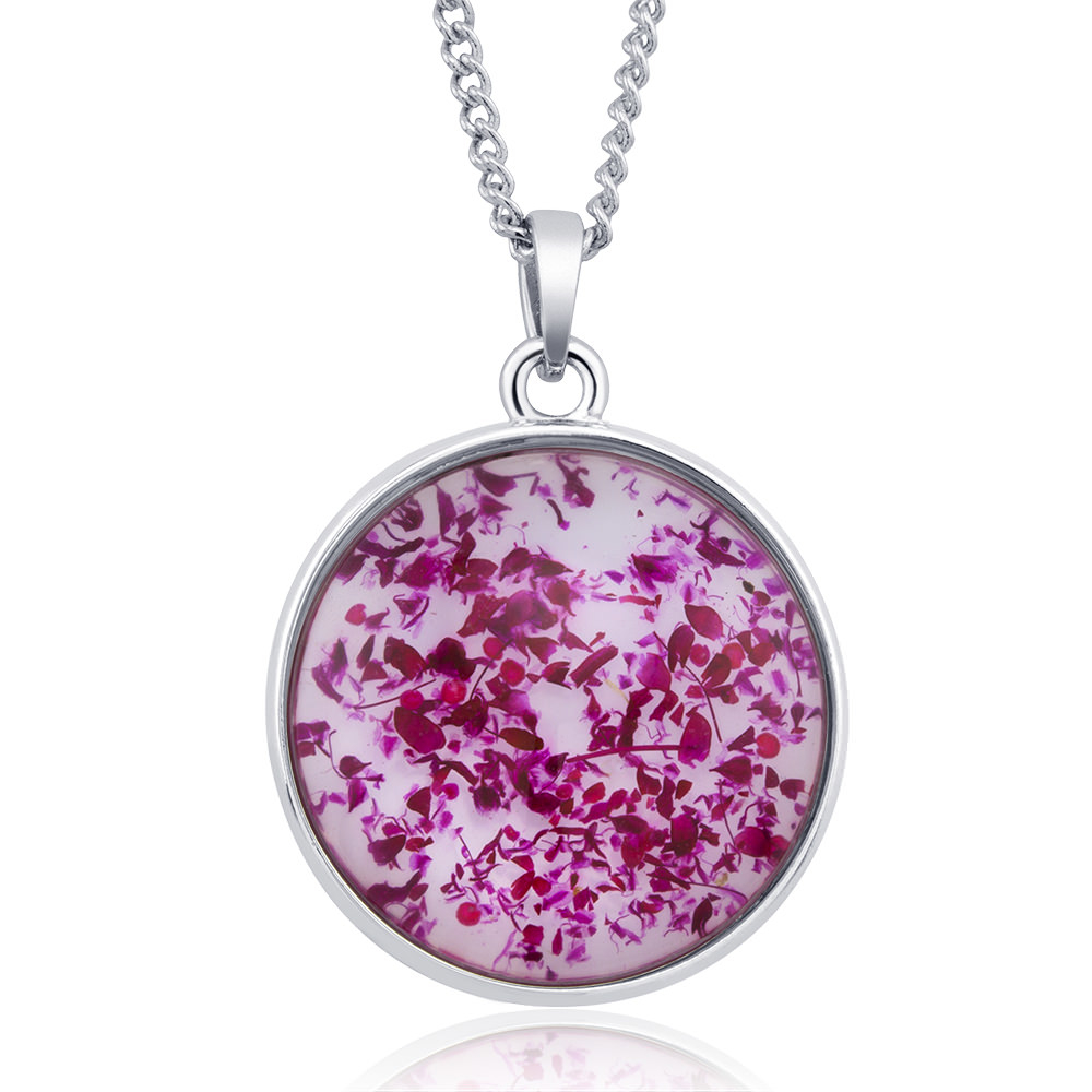 Rhodium Plated Round Glass With Genuine Red Dandelion Flowers Necklace - Purple