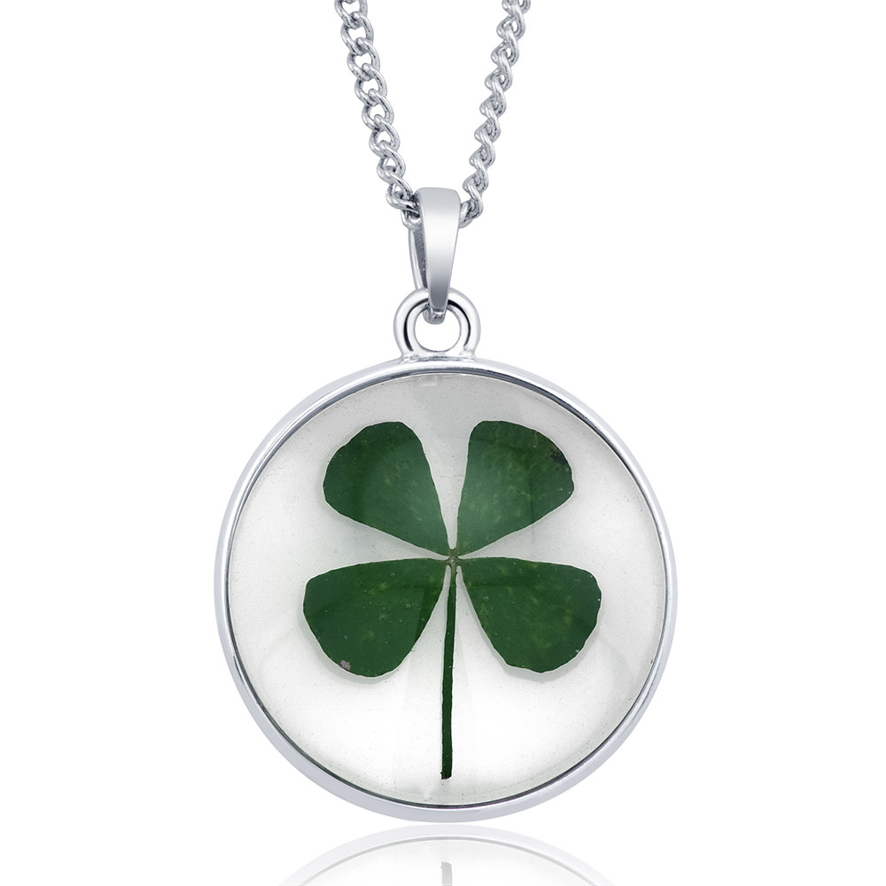 Rhodium Plated Round Glass With Genuine Green Clover Necklace