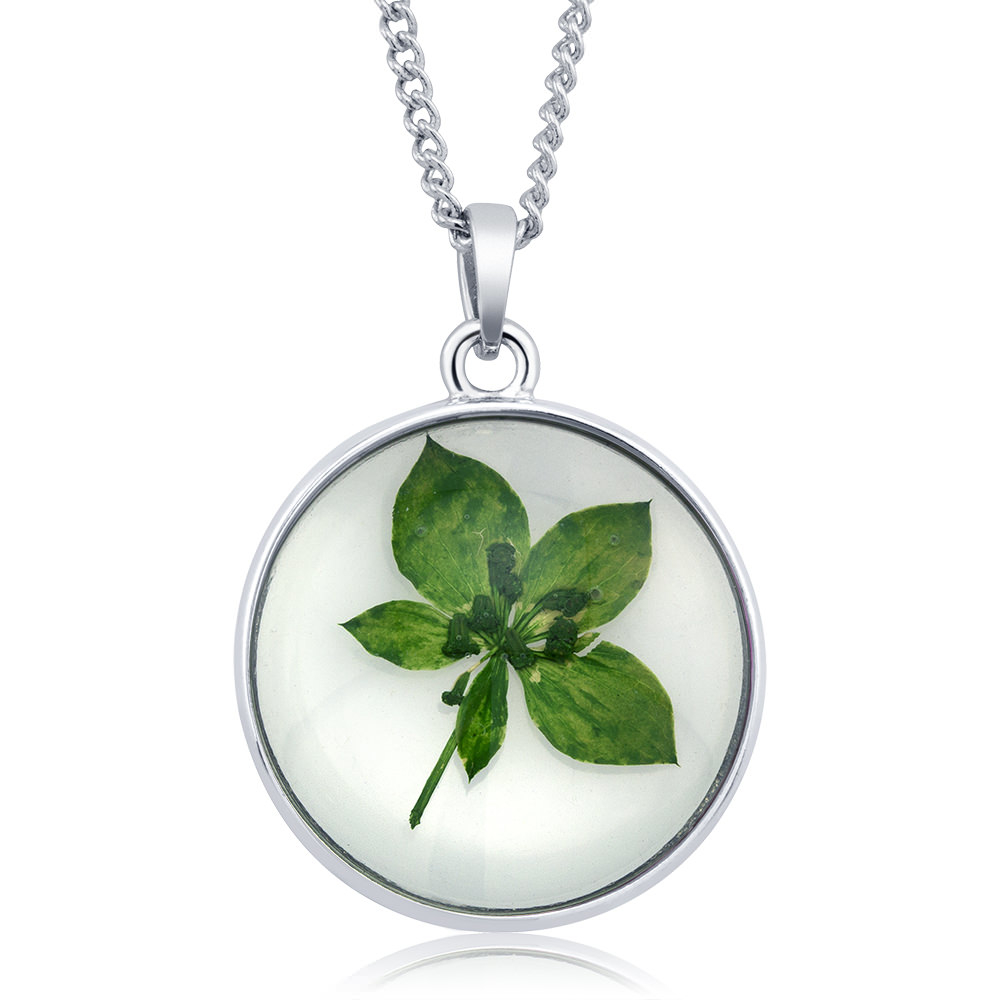 Rhodium Plated Round Glass With Genuine Evergreen Fern Necklace