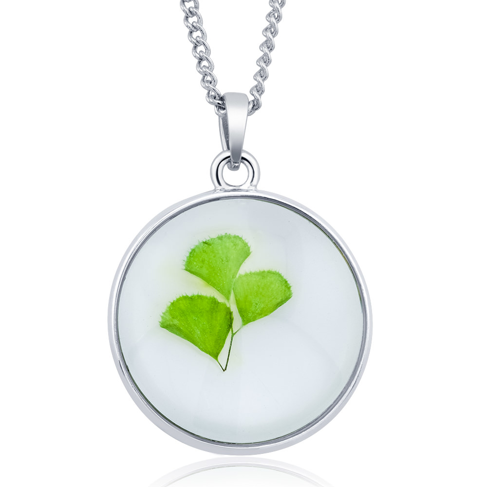 Rhodium Plated Round Glass With Genuine Adiantum Leaves Necklace
